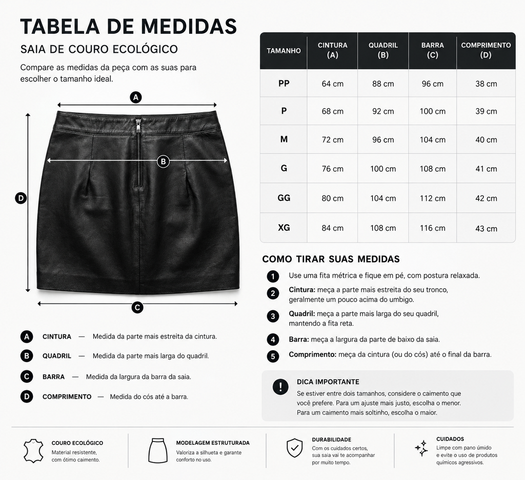 Minisaia de Couro Chic Zíper Frontal
